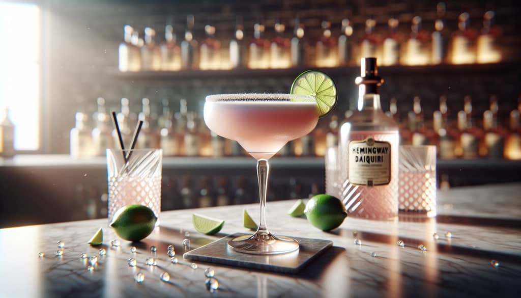 Cocktail Heminway Daiquiri trong ly coupe với lát chanh xanh
