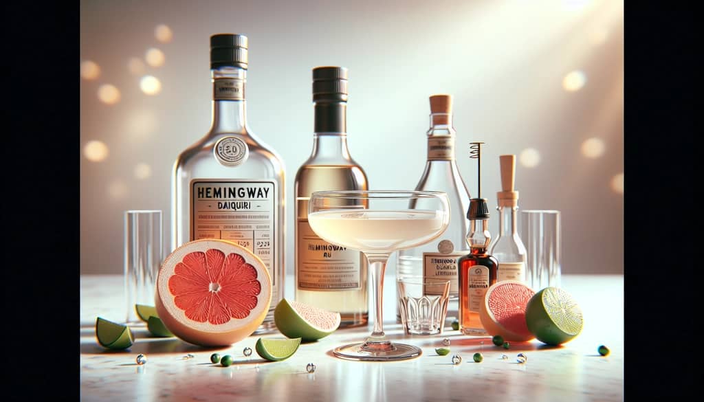 hemingway daiquiri ingredients on marble: rum, grapefruit, lime, maraschino
