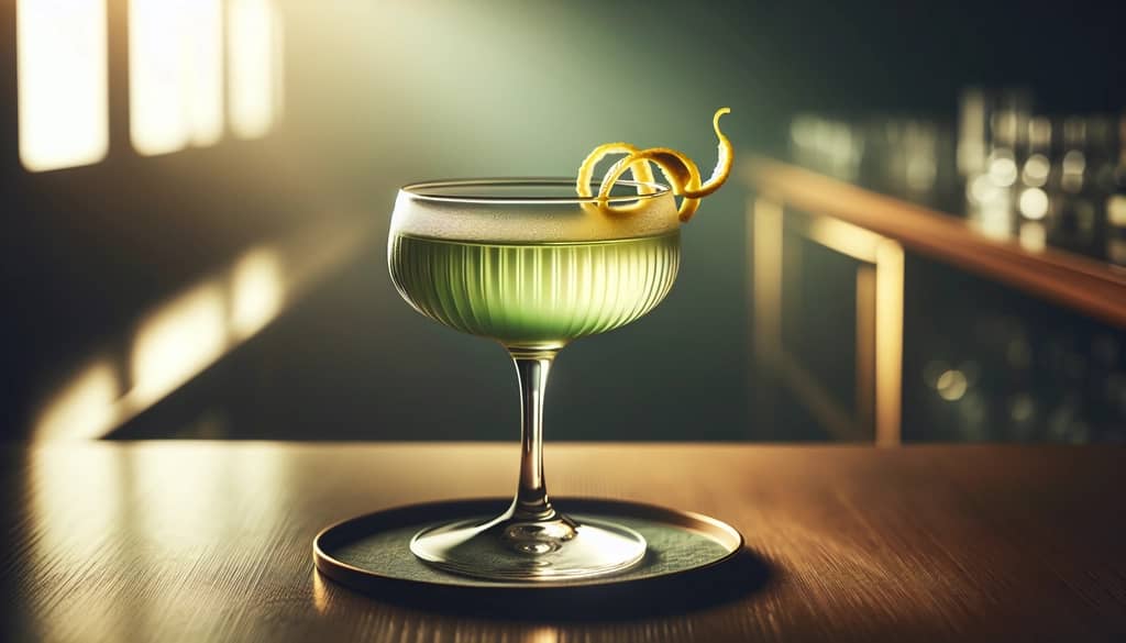cocktail with herbal liqueur and garnish in coupe glass