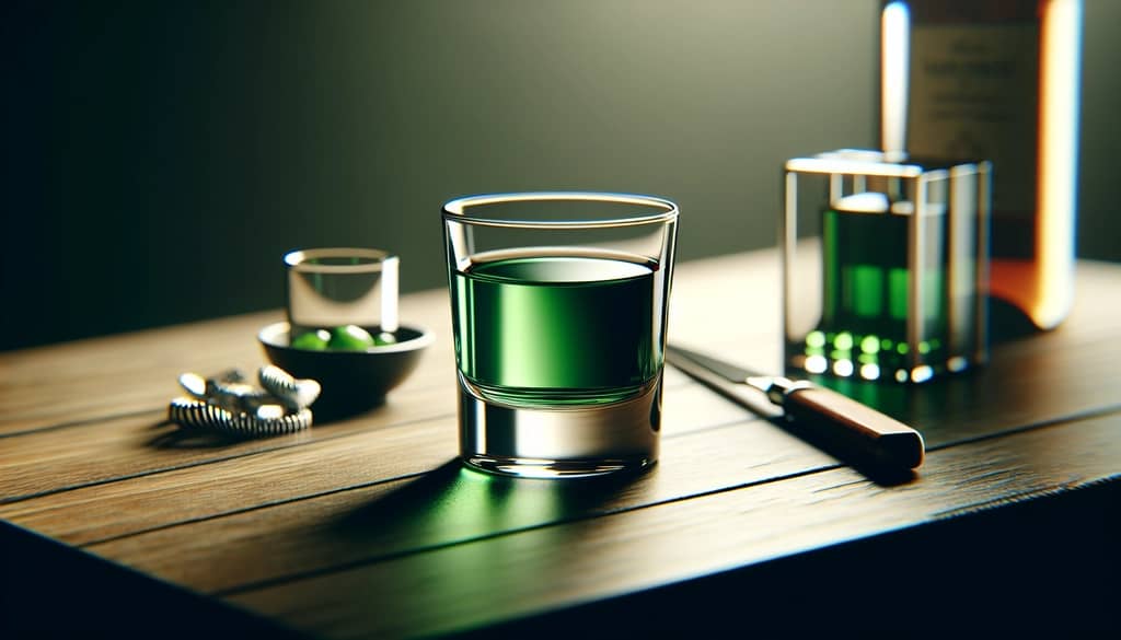 herbal liqueur neat in small glass on bar