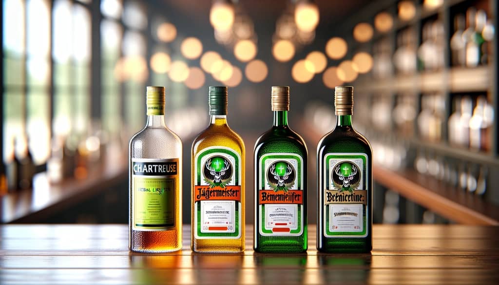 बार पर विभिन्न हर्बल लिकर