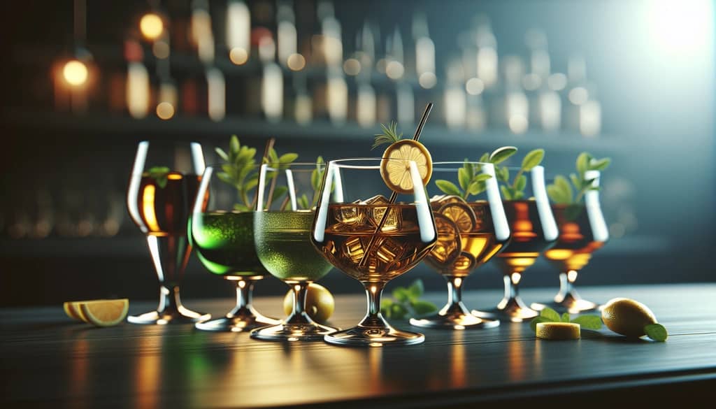 유리잔에 담긴 다양한 허브 리큐르