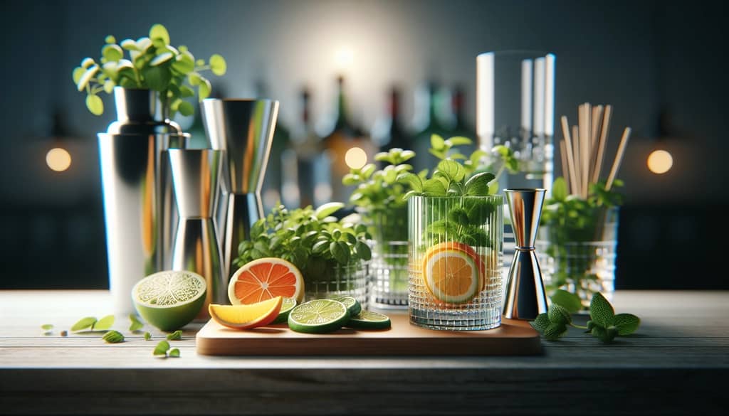 herbs and fresh fruit for low-calorie cocktail prep