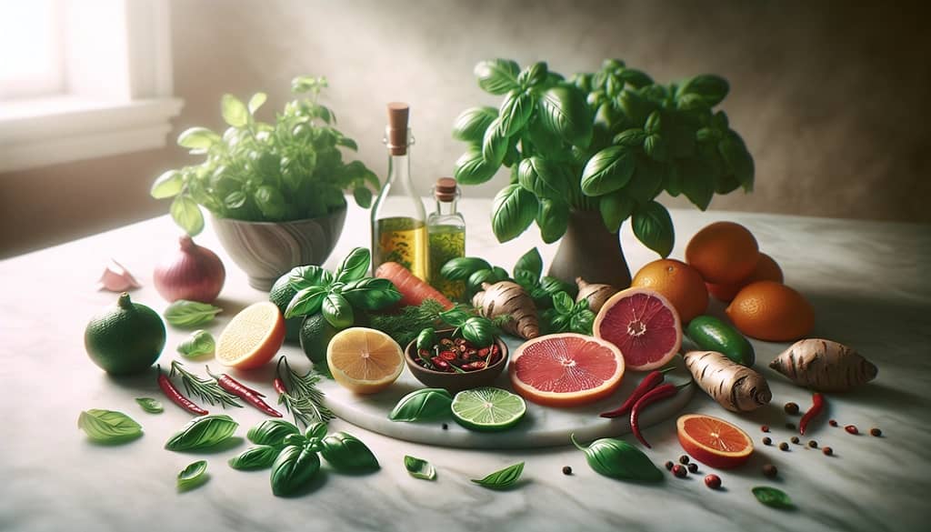 herbs, spices, fruits, and vegetables arranged for flavor pairing