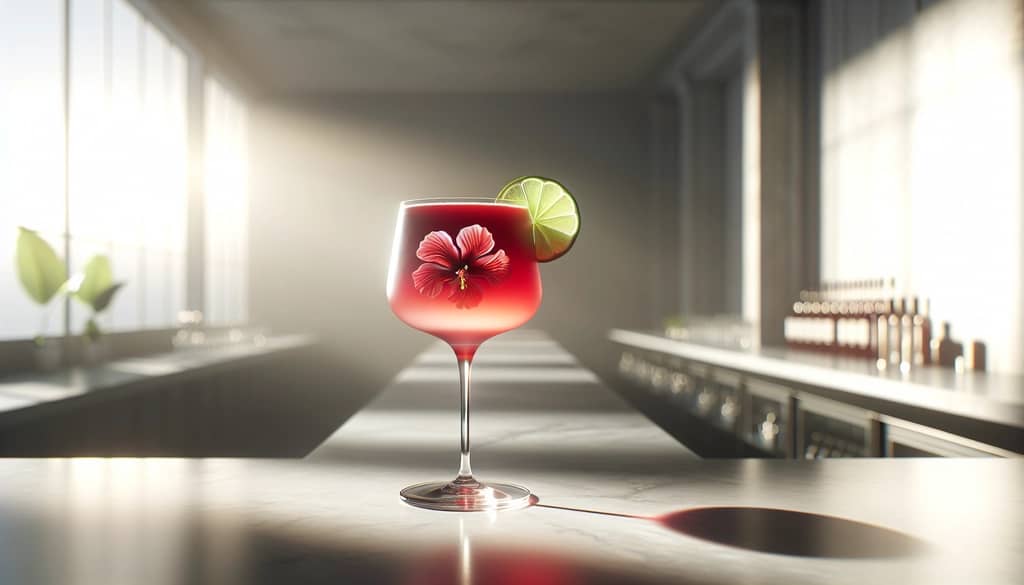 glass of hibiscus cocktail with lime garnish on marble