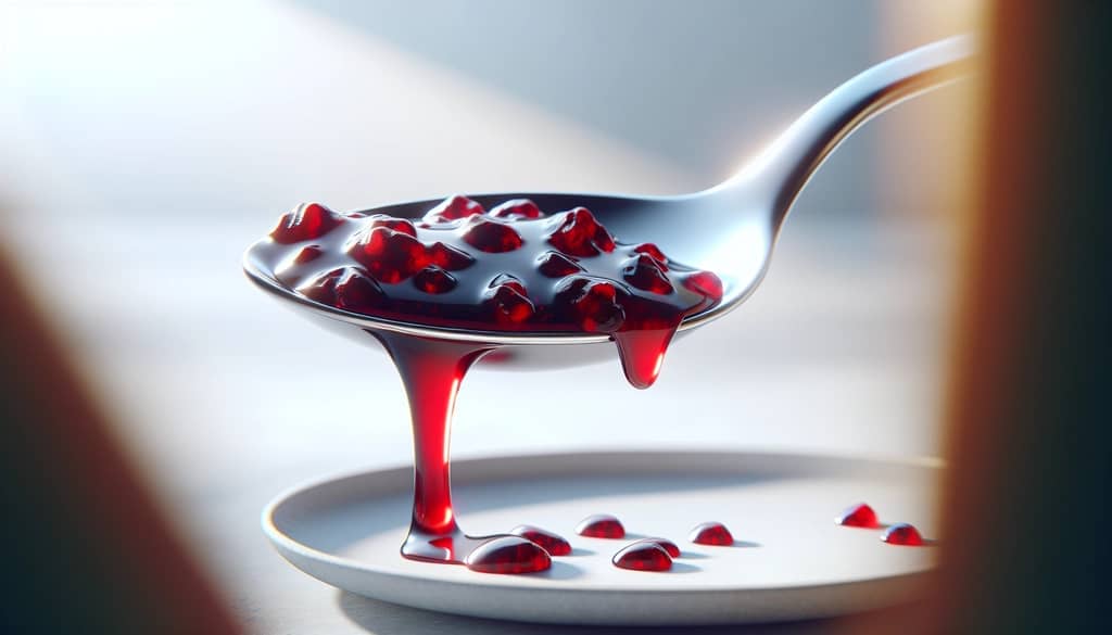 hibiscus syrup drizzled on a spoon with vivid red color