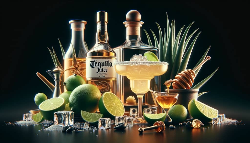 High-quality ingredients needed for Tommy's Margarita, featuring tequila, lime juice, and agave nectar.
