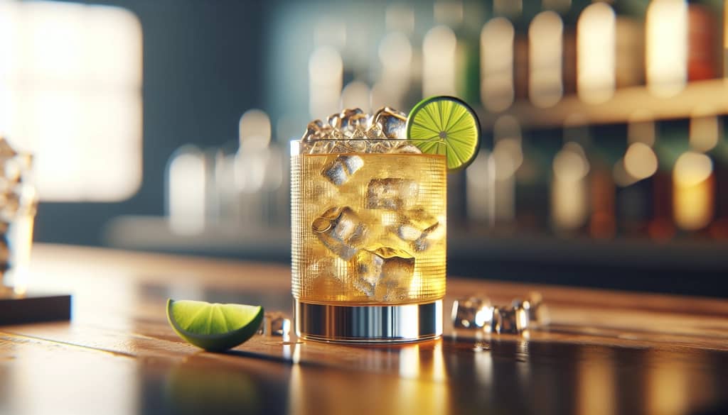 highball cocktail with ginger beer and lime wedge