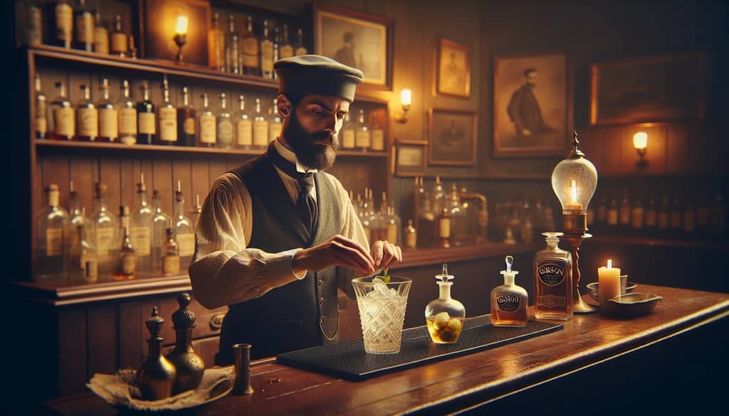 Historic depiction of a bartender preparing the first Gibson cocktail with a pickled onion garnish.
