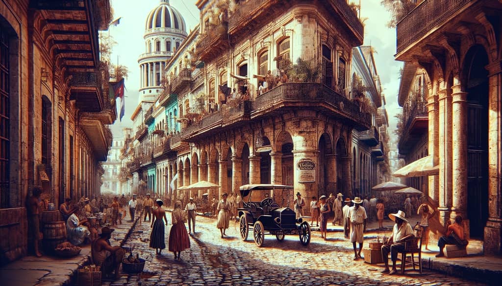 Historic photo of a bustling Havana street, evoking the era when the El Presidente cocktail was first crafted.