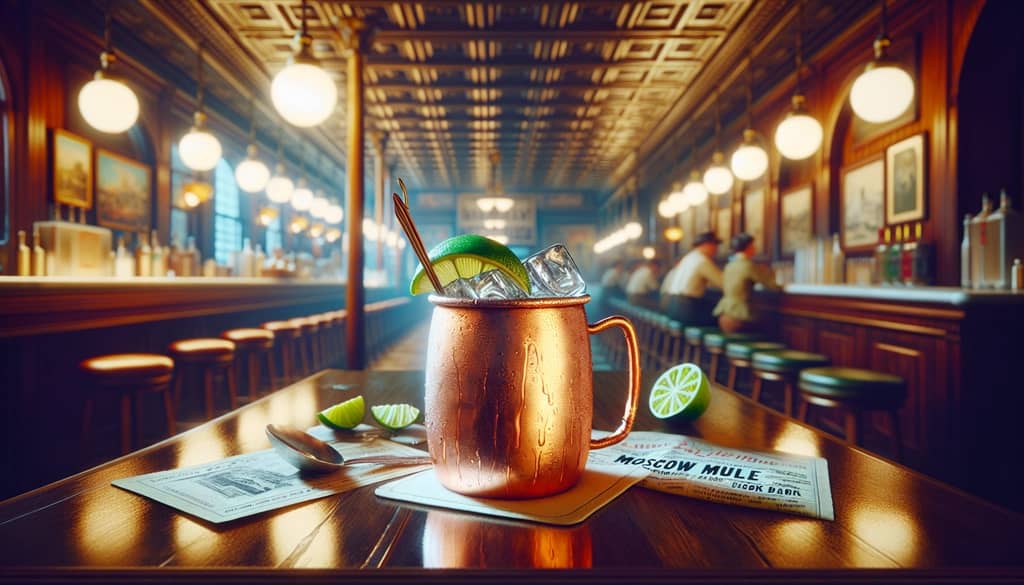 Historical depiction of a classic Moscow Mule in its iconic copper mug, tracing back to 1940s America