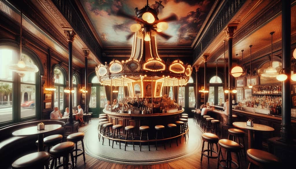 Historical depiction of the Carousel Bar at Hotel Monteleone, where the Vieux Carré cocktail originated