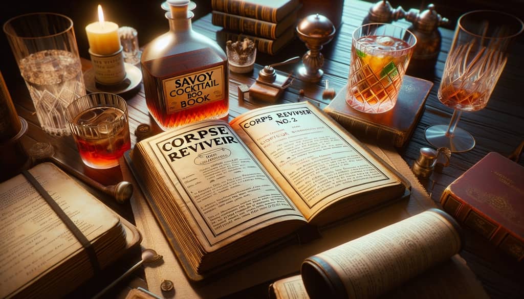 Historical image of the 1930 Savoy Cocktail Book opened to the page featuring the Corpse Reviver No. 2 recipe.