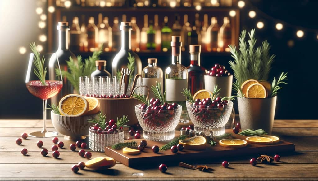 holiday cocktail station setup with spirits and garnishes