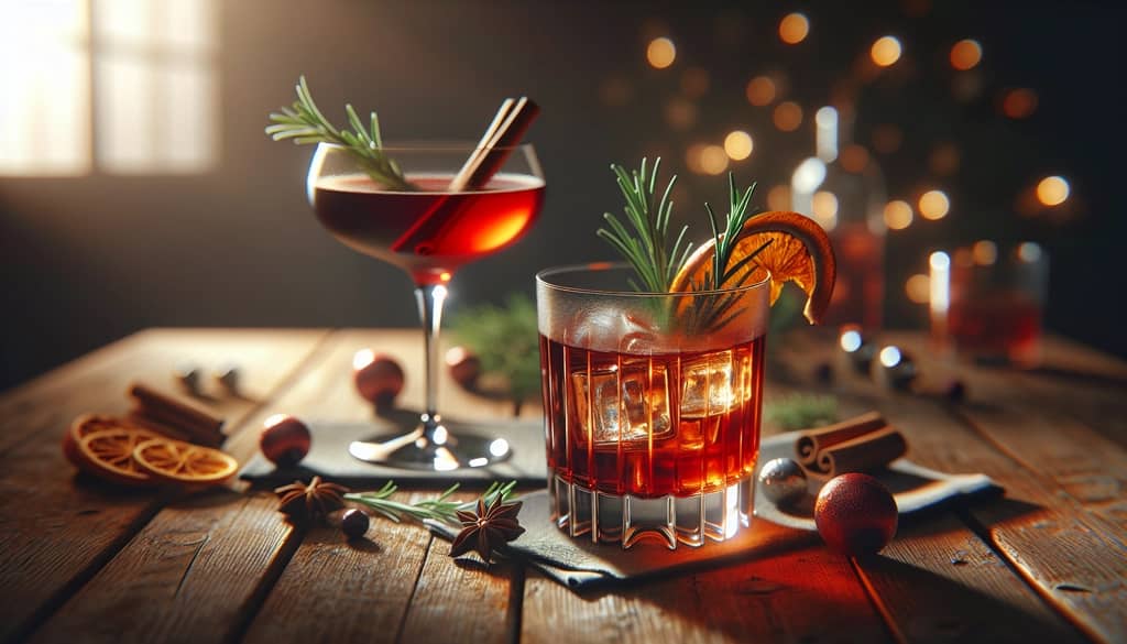 holiday cocktails in festive glassware on a table