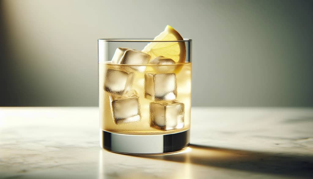 Homemade ginger ale in a clear glass with ice and lemon garnish