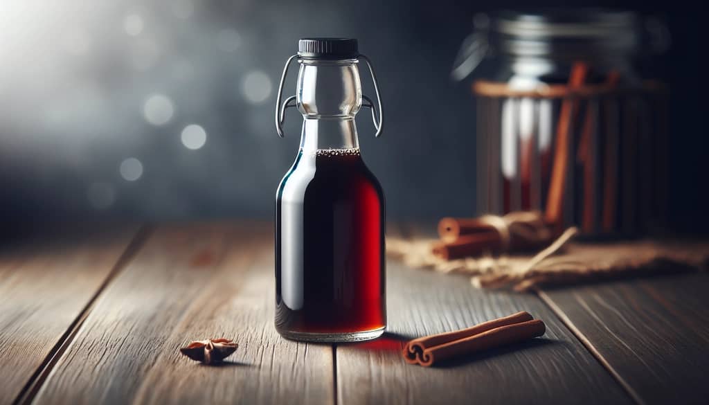 homemade gingerbread syrup with cinnamon stick garnish