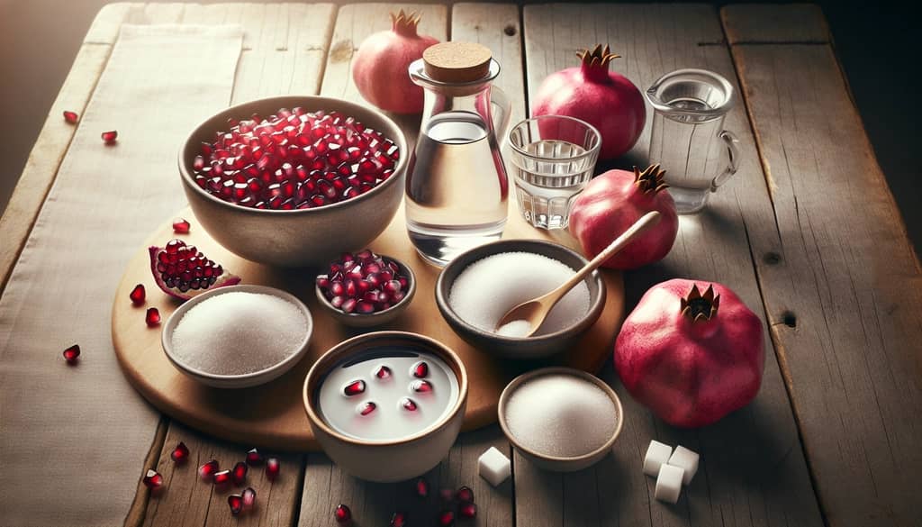 homemade grenadine ingredients on a wood surface