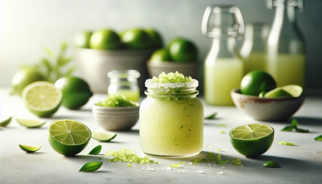 homemade lime daiquiri mix in glass jar with fresh limes beside