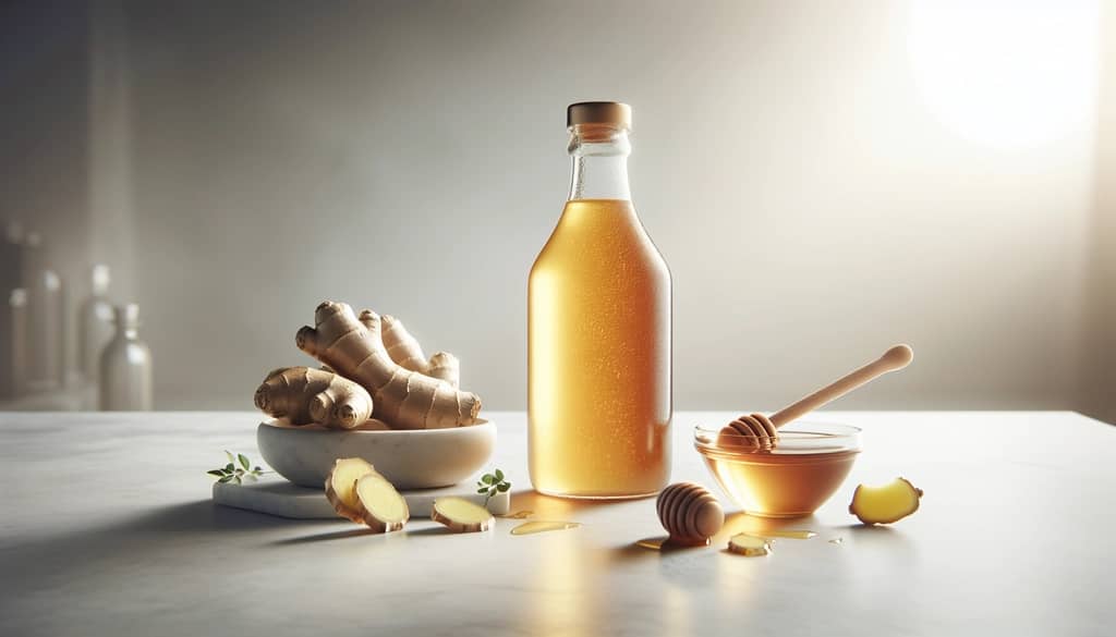 Honig-Ingwer-Sirup in Glasflasche mit Ingwerscheiben und Honig auf Marmor