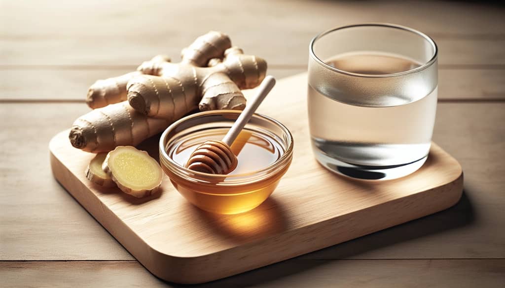 Ingredients for honey-ginger syrup on wood