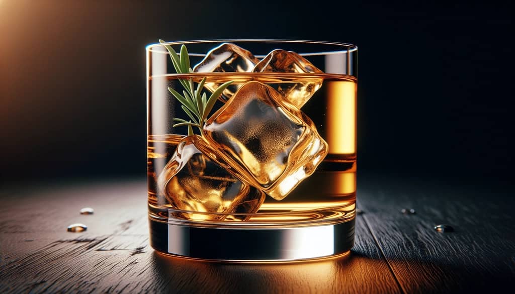 honey gold rush cocktail with large ice cube in a rocks glass