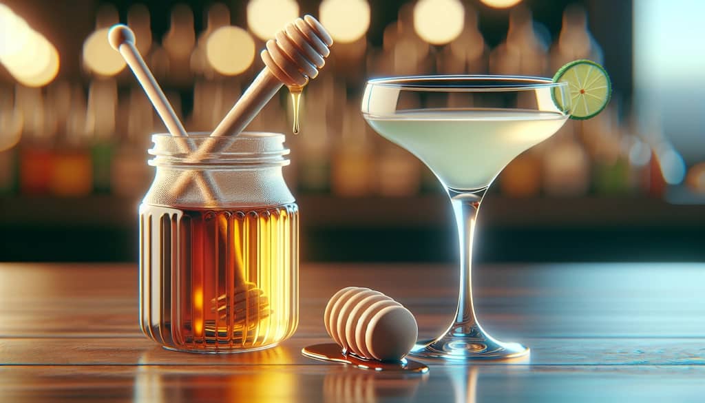 honey syrup in a small glass jar next to a daiquiri