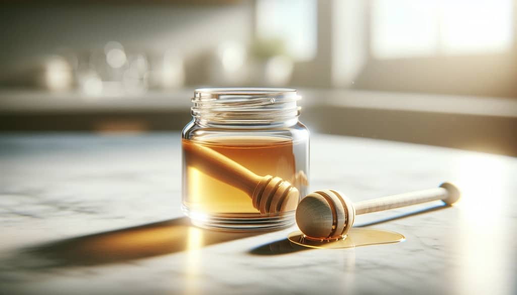 Honey syrup in a small glass jar with honey dipper