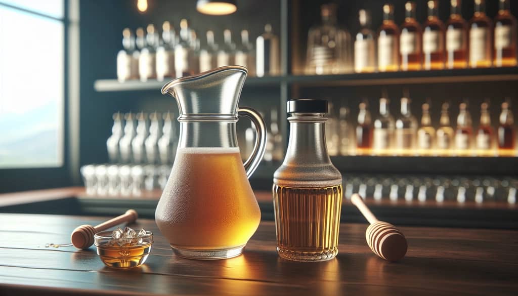 Pichler kaca berisi sirup madu dan botol sirup sederhana di atas meja bar yang bersih