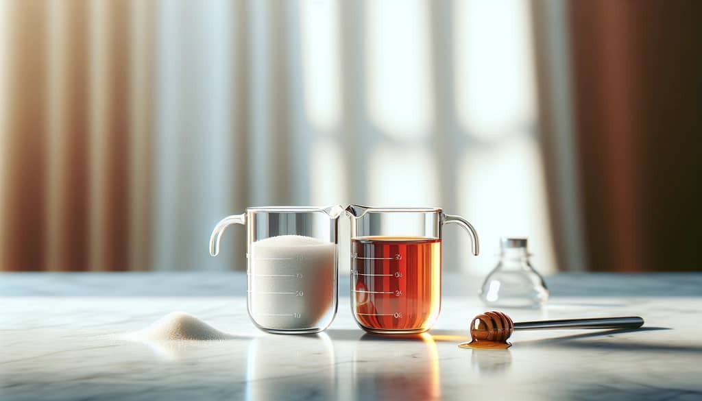 Glass cup of honey syrup beside regular sugar syrup