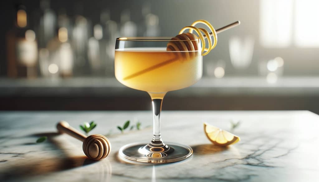 Honey syrup cocktail in coupe glass with lemon twist