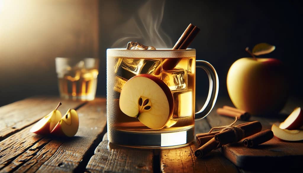 heißer Apfelwein-Toddy mit Rum in einem klaren Becher