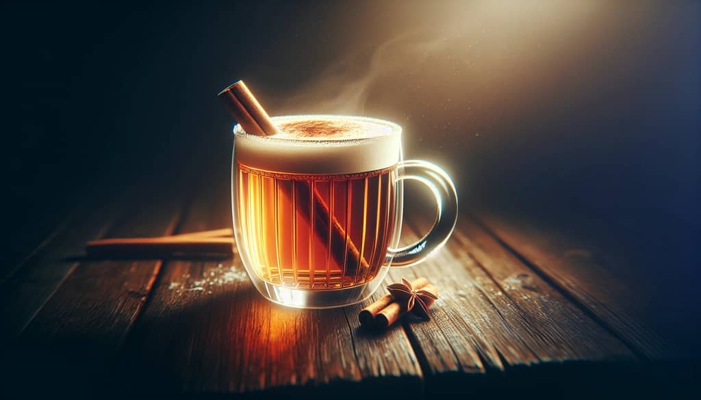 hot buttered rum in a clear mug with spice