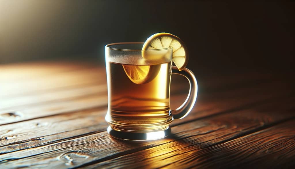 hot rum toddy dalam gelas bening dengan hiasan irisan lemon