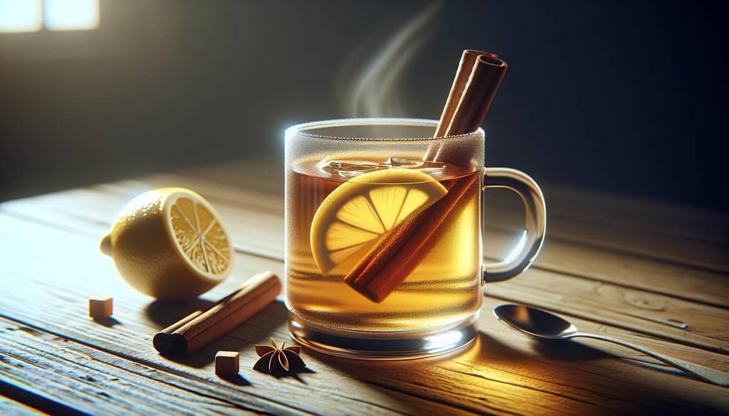 hot rum toddy in clear mug with steam and lemon garnish