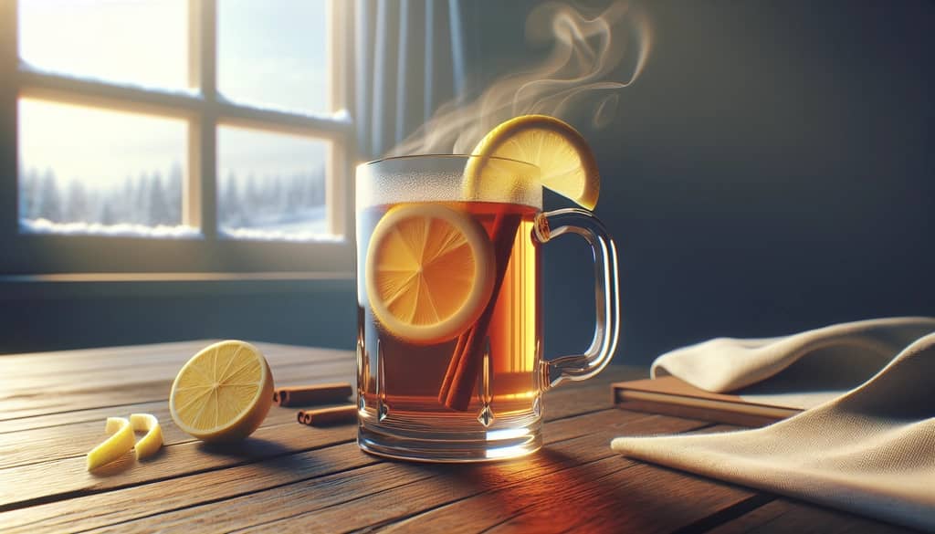 cozy hot toddy with tea, rum, and lemon twist by a window