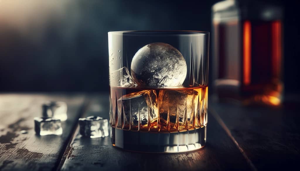 clear ice sphere in an old fashioned glass