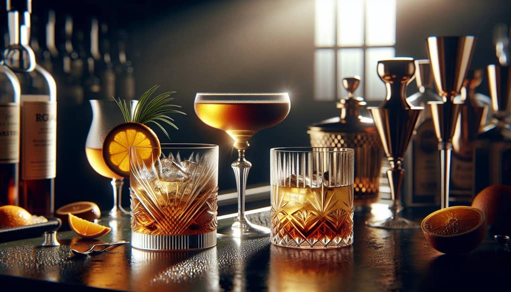Illustration of a Brandy Crusta and a Sidecar cocktail, representing the theme of classic cocktail comparison