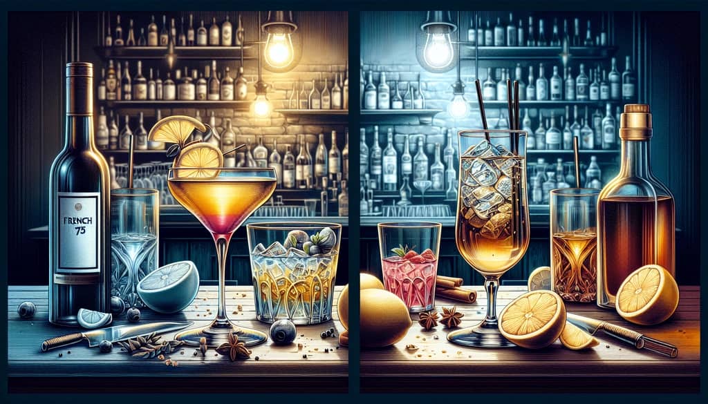 Illustration of French 75 and French 77 cocktails in a comparison setting.