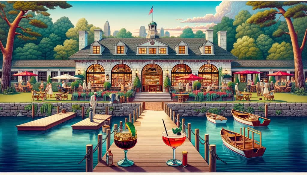Illustrative depiction of Tuxedo Park Club in New York, the birthplace of the Tuxedo Cocktail.