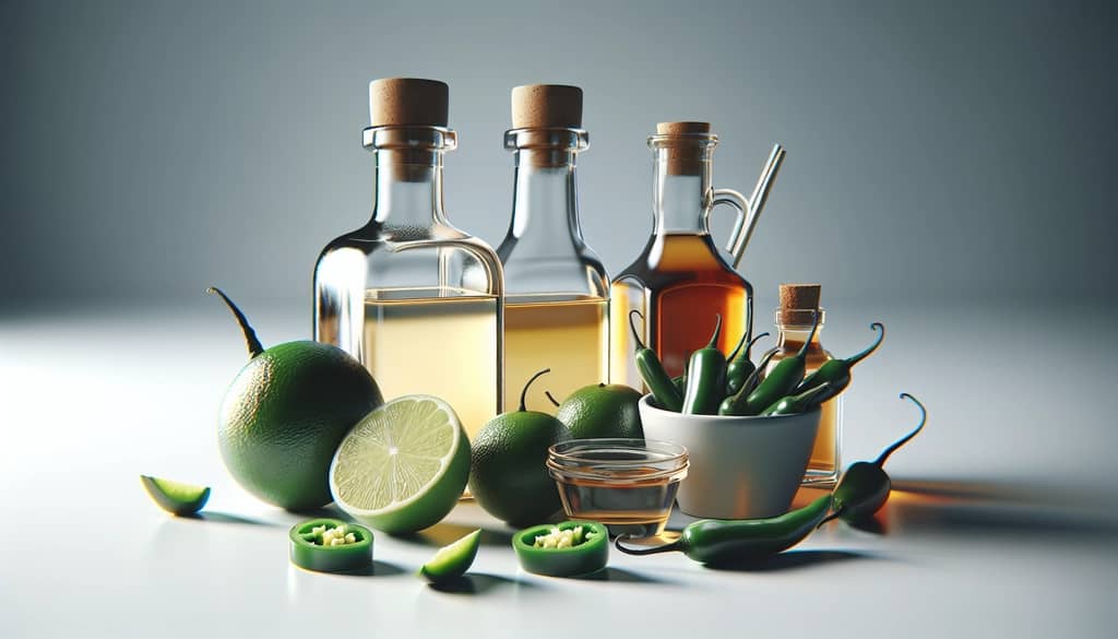 ingredientes para margarita picante como tequila agave, jalapeño y lima sobre fondo limpio