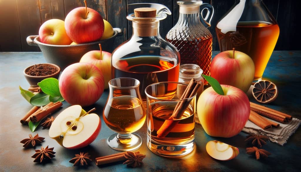 Ingredients and garnishes for crafting a Bourbon Apple Cider Old Fashioned, including bourbon, apple cider, and cinnamon sticks