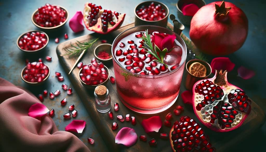 Ingredients and garnishes used in a Pomegranate Rose Gin Fizz, highlighting pomegranate seeds and rose petals