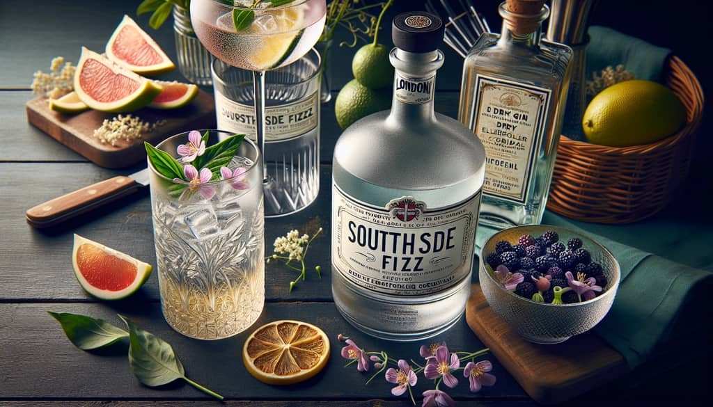 Ingredients and garnishing for a London-style Southside Fizz, featuring dry gin and elderflower cordial