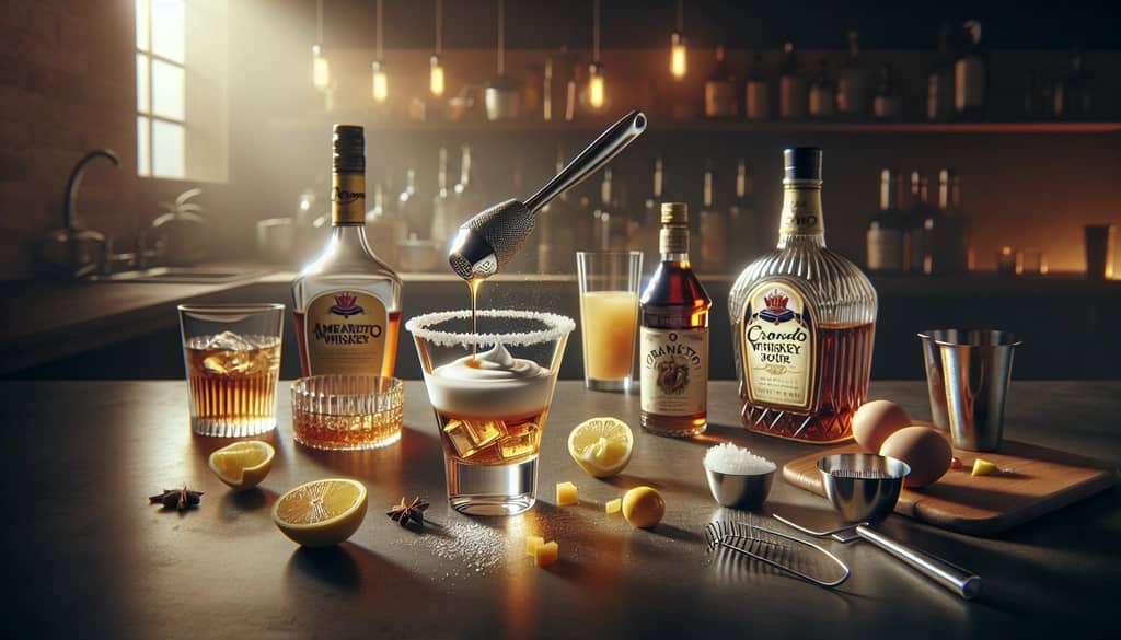 Ingredients and preparation steps for making a refined Crown Amaretto Whiskey Sour