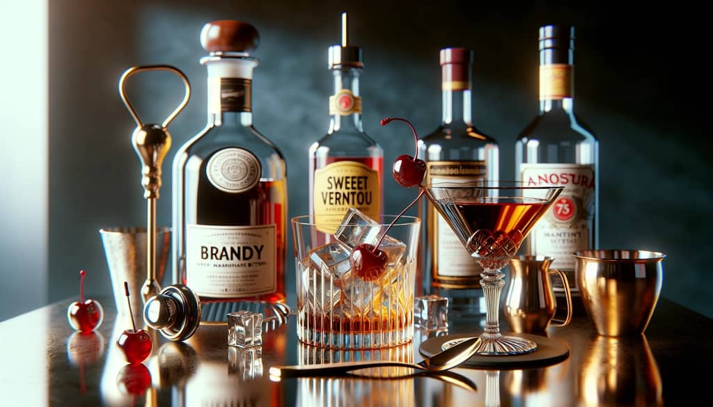 Ingredients and preparation style of a classic Brandy Manhattan cocktail