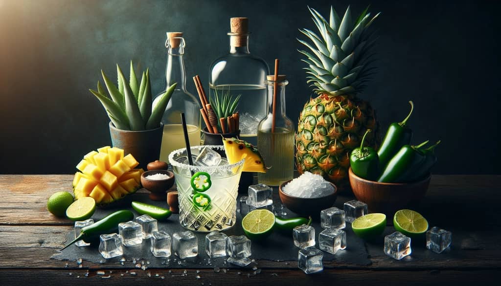 Ingredients and serving steps for creating the perfect Pineapple Jalapeño Margarita on the rocks.