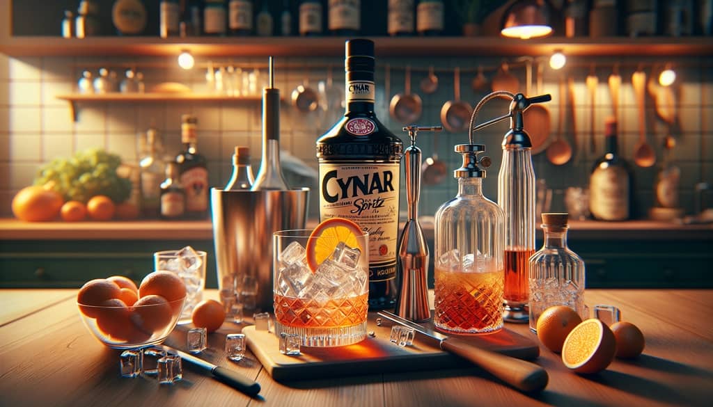 Ingredients and steps for preparing a classic Cynar Spritz cocktail at home