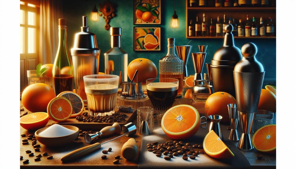 Ingredients and tools arranged for crafting an Espresso Orange Margarita
