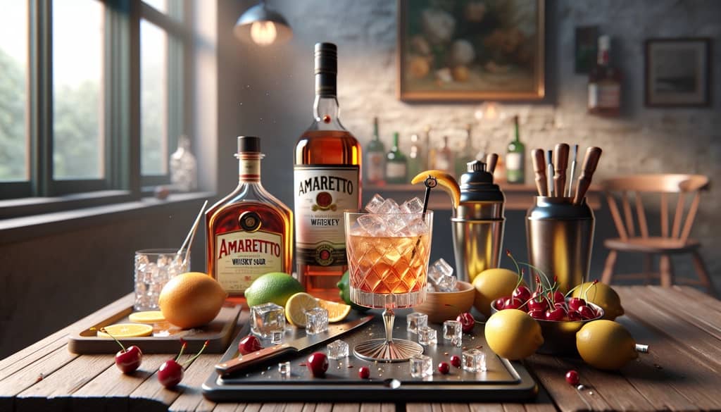 Ingredients and tools for making a perfect Amaretto Whiskey Sour cocktail at home
